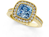 Yellow gold Fancy Blue Cushion Cut-Cut Diamond Halo Engagement Ring with Pave Band and Prong Setting_1