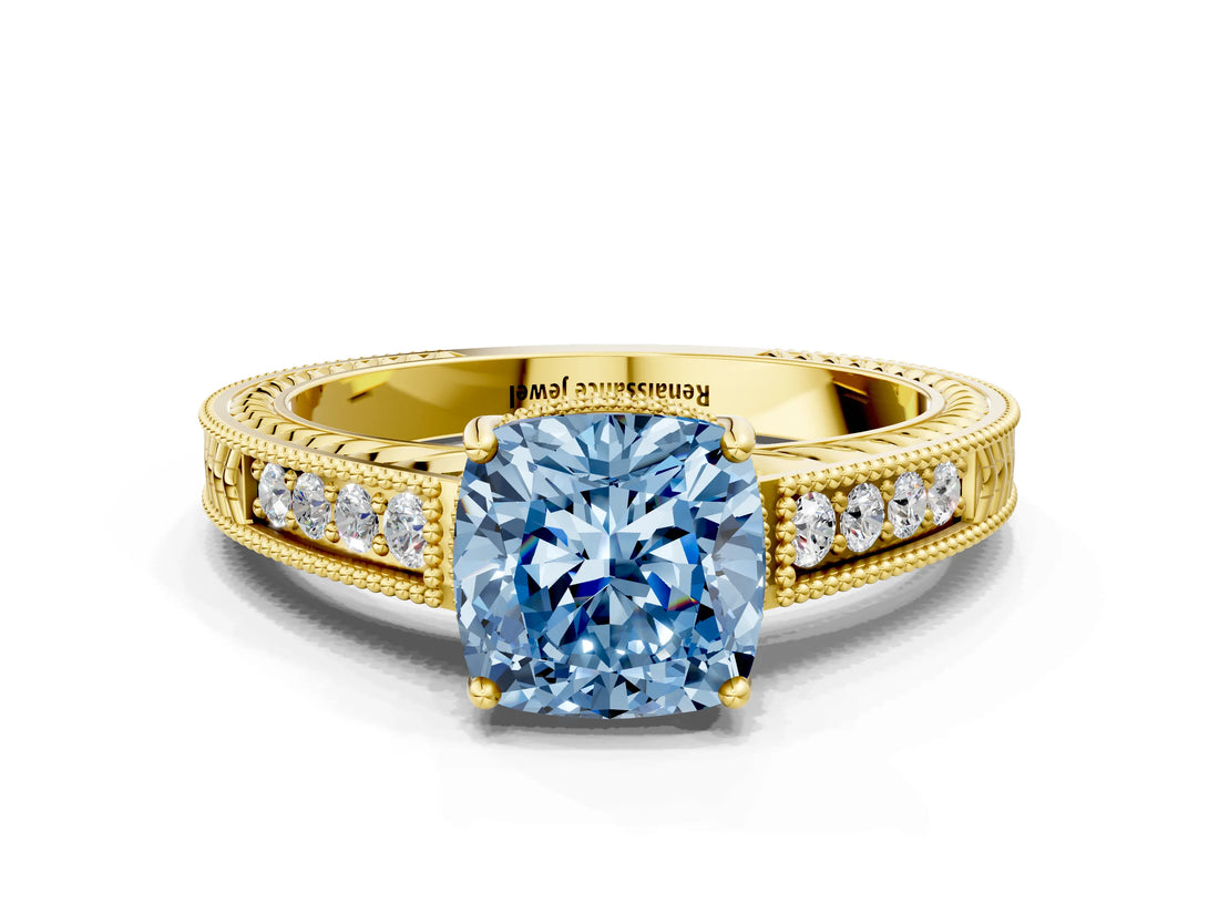 Yellow gold Fancy Blue Cushion Cut Cut Diamond Milgrain Pave Band Four-Prong Setting Ring_3