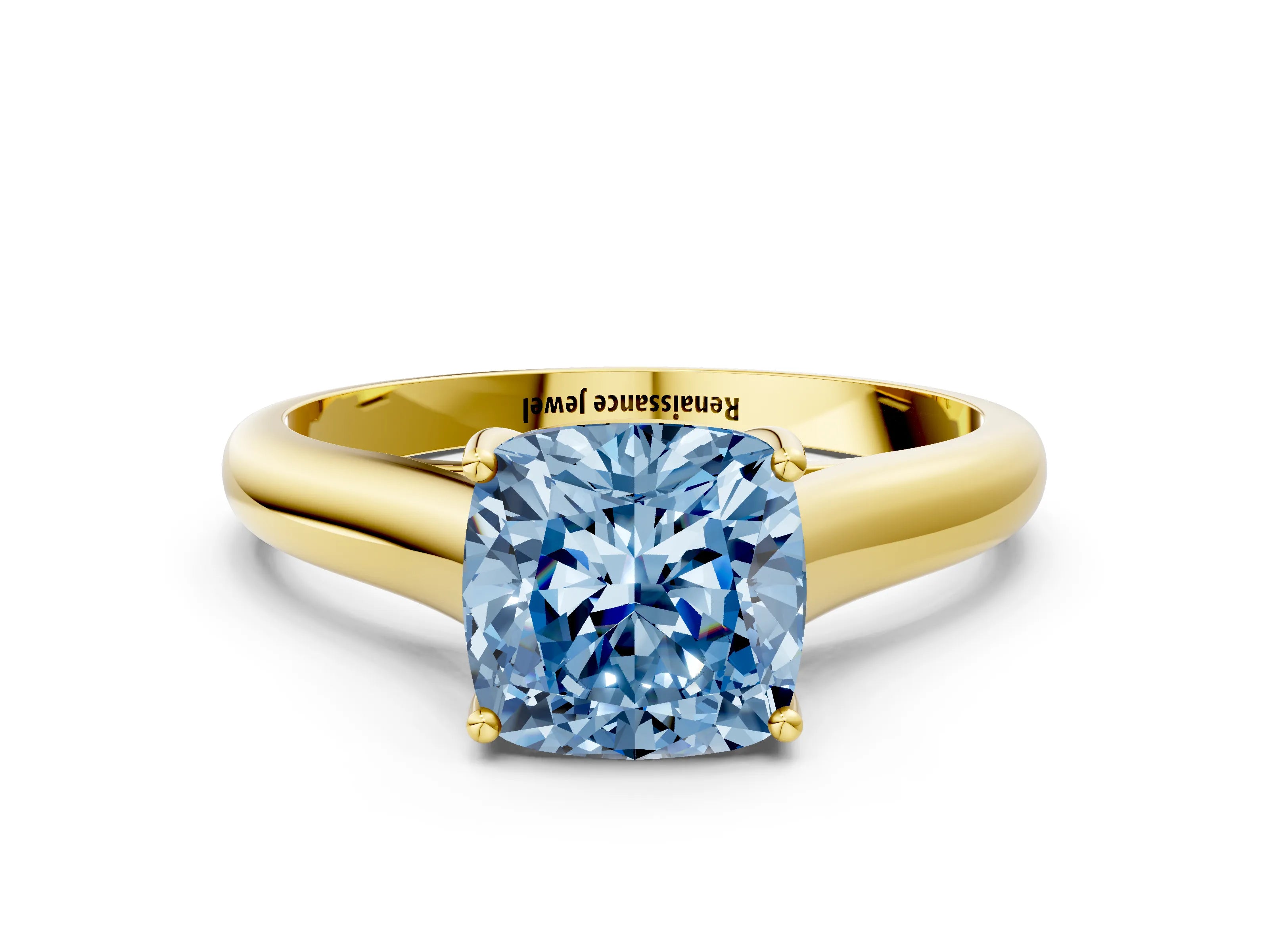 Yellow gold Fancy Blue Cushion Cut Cut Diamond Solitaire Engagement Ring with Tapered Plain Band and Four-Prong Setting