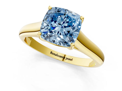 Yellow gold Fancy Blue Cushion Cut Cut Diamond Solitaire Engagement Ring with Tapered Plain Band and Four-Prong Setting_1