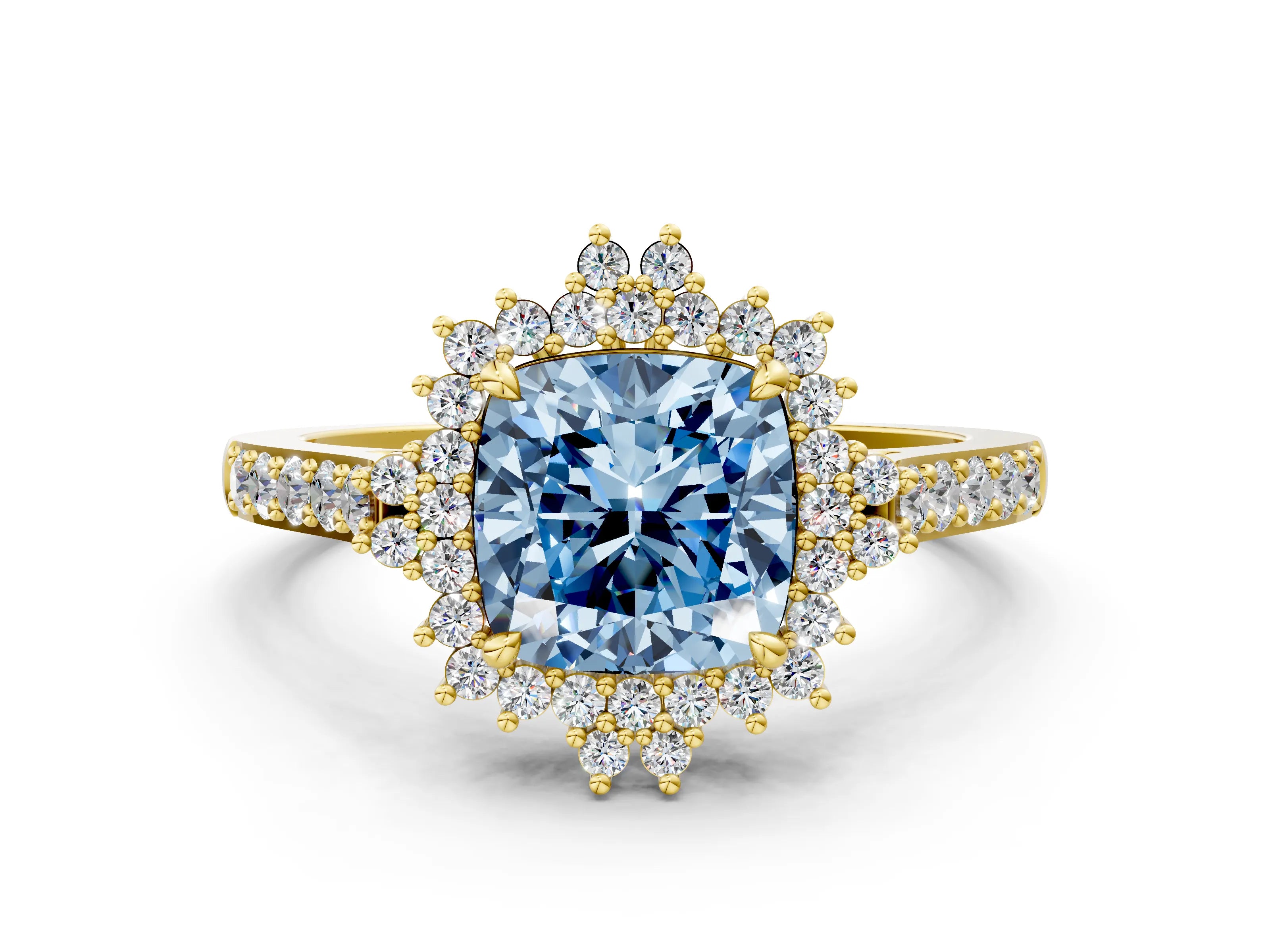 Yellow gold Fancy Blue Cushion Cut Cut Diamond Sunburst Halo Engagement Ring with Pavé Band