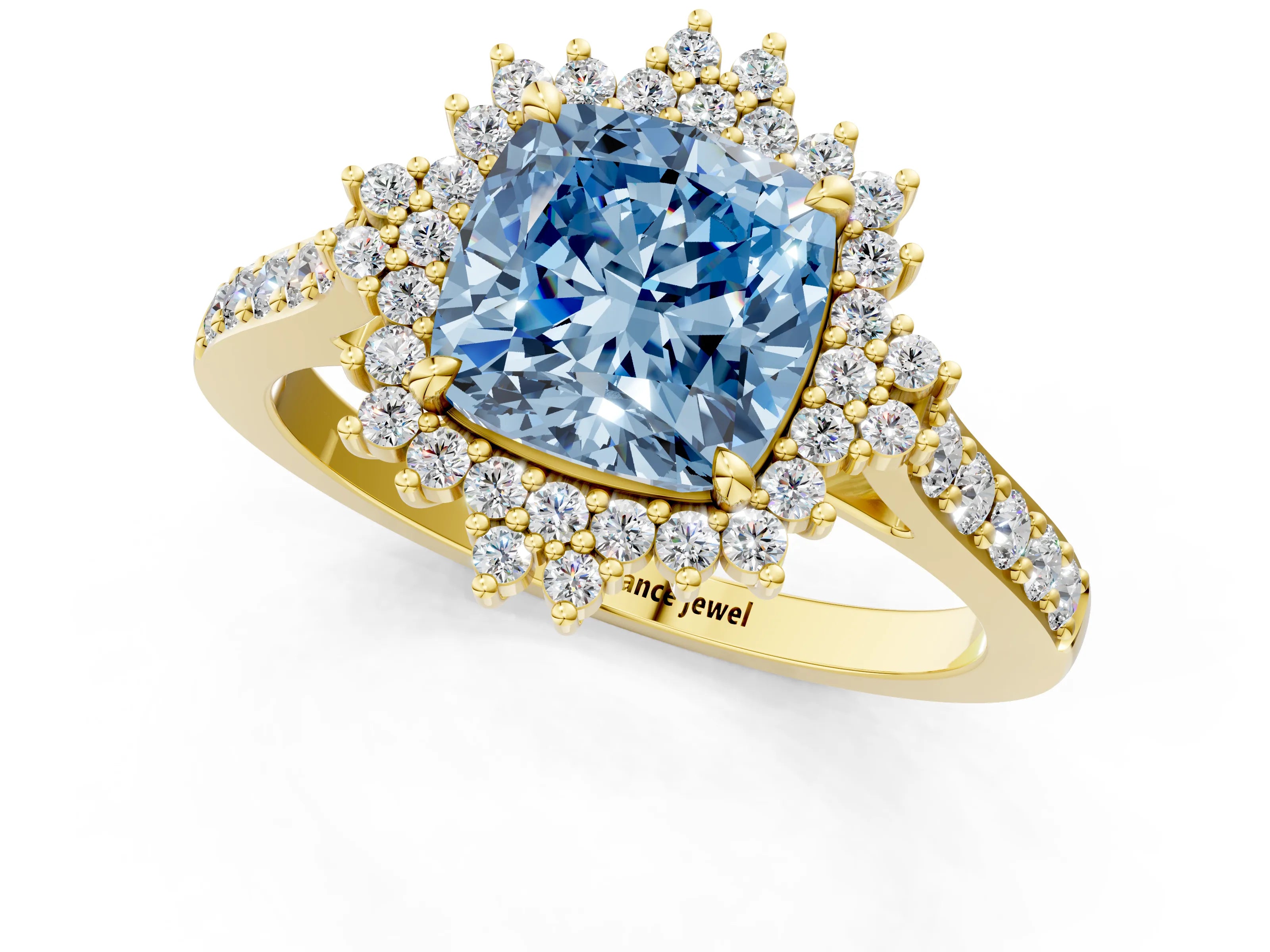Yellow gold Fancy Blue Cushion Cut Cut Diamond Sunburst Halo Engagement Ring with Pavé Band_1