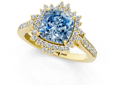 Yellow gold Fancy Blue Cushion Cut Cut Diamond Sunburst Halo Engagement Ring with Pavé Band_1