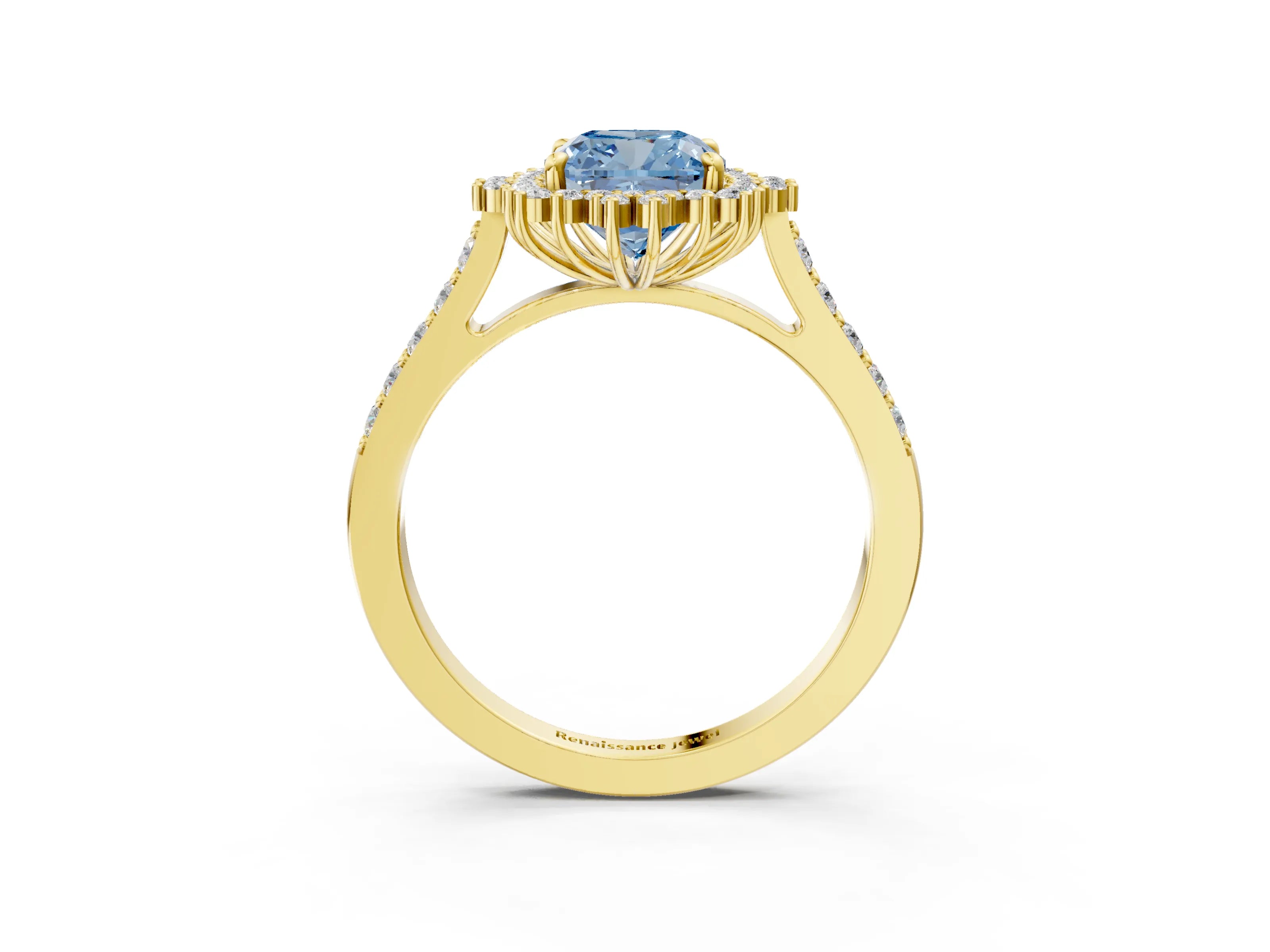 Yellow gold Fancy Blue Cushion Cut Cut Diamond Sunburst Halo Engagement Ring with Pavé Band_3