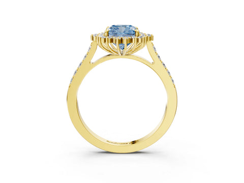 Yellow gold Fancy Blue Cushion Cut Cut Diamond Sunburst Halo Engagement Ring with Pavé Band_3