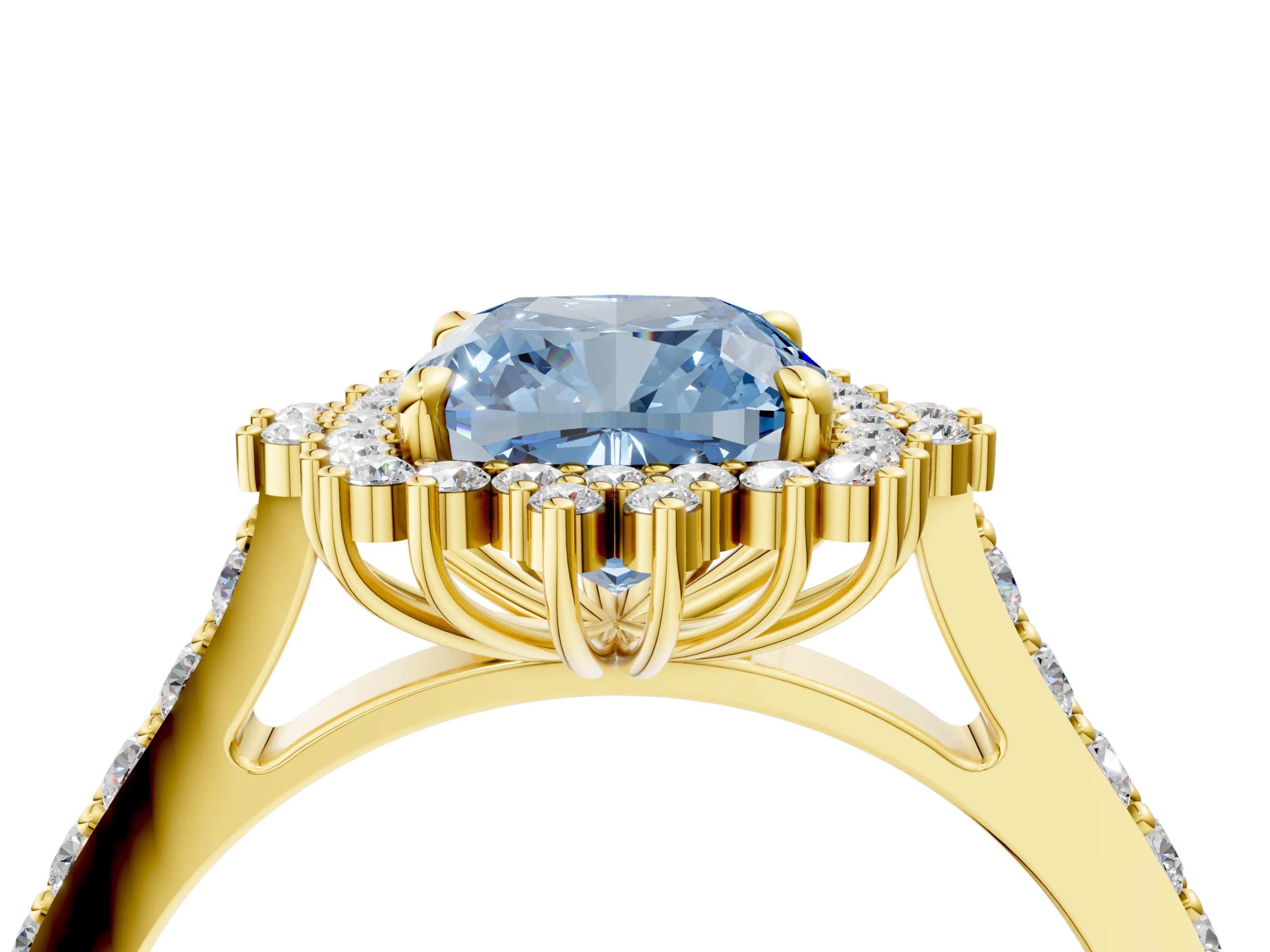 Yellow gold Fancy Blue Cushion Cut Cut Diamond Sunburst Halo Engagement Ring with Pavé Band_4