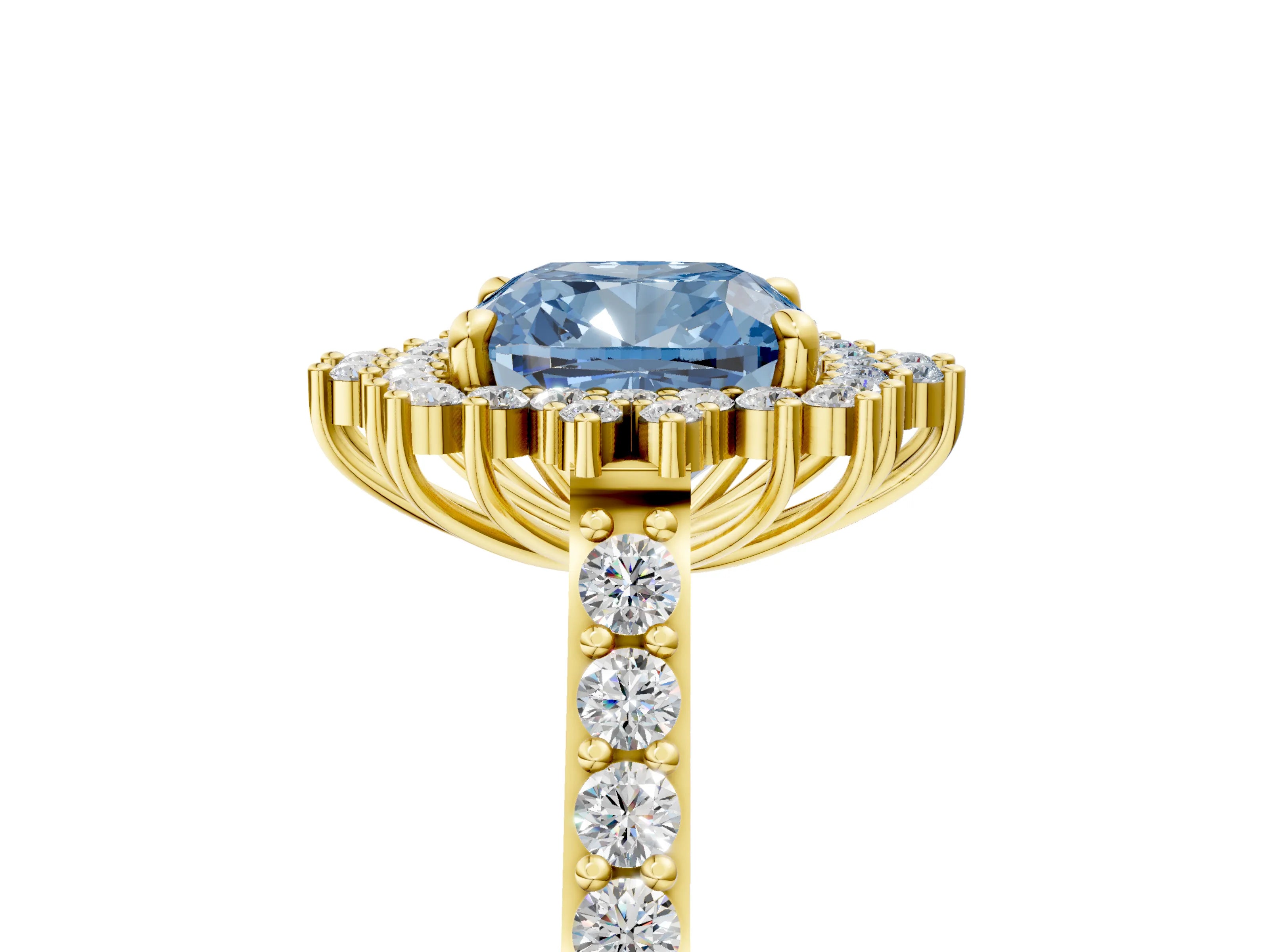 Yellow gold Fancy Blue Cushion Cut Cut Diamond Sunburst Halo Engagement Ring with Pavé Band_5