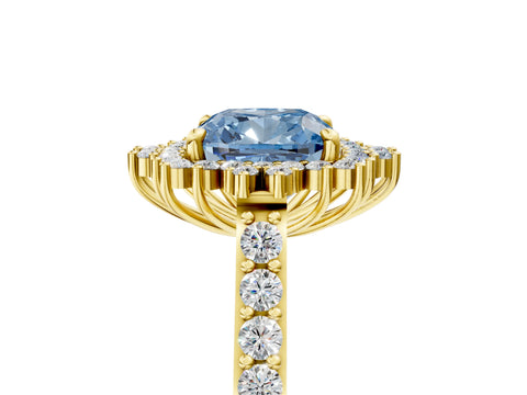 Yellow gold Fancy Blue Cushion Cut Cut Diamond Sunburst Halo Engagement Ring with Pavé Band_5