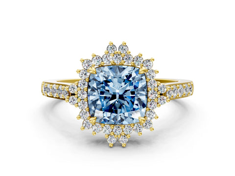 Yellow gold Fancy Blue Cushion Cut Cut Diamond Sunburst Halo Engagement Ring with Pavé Band