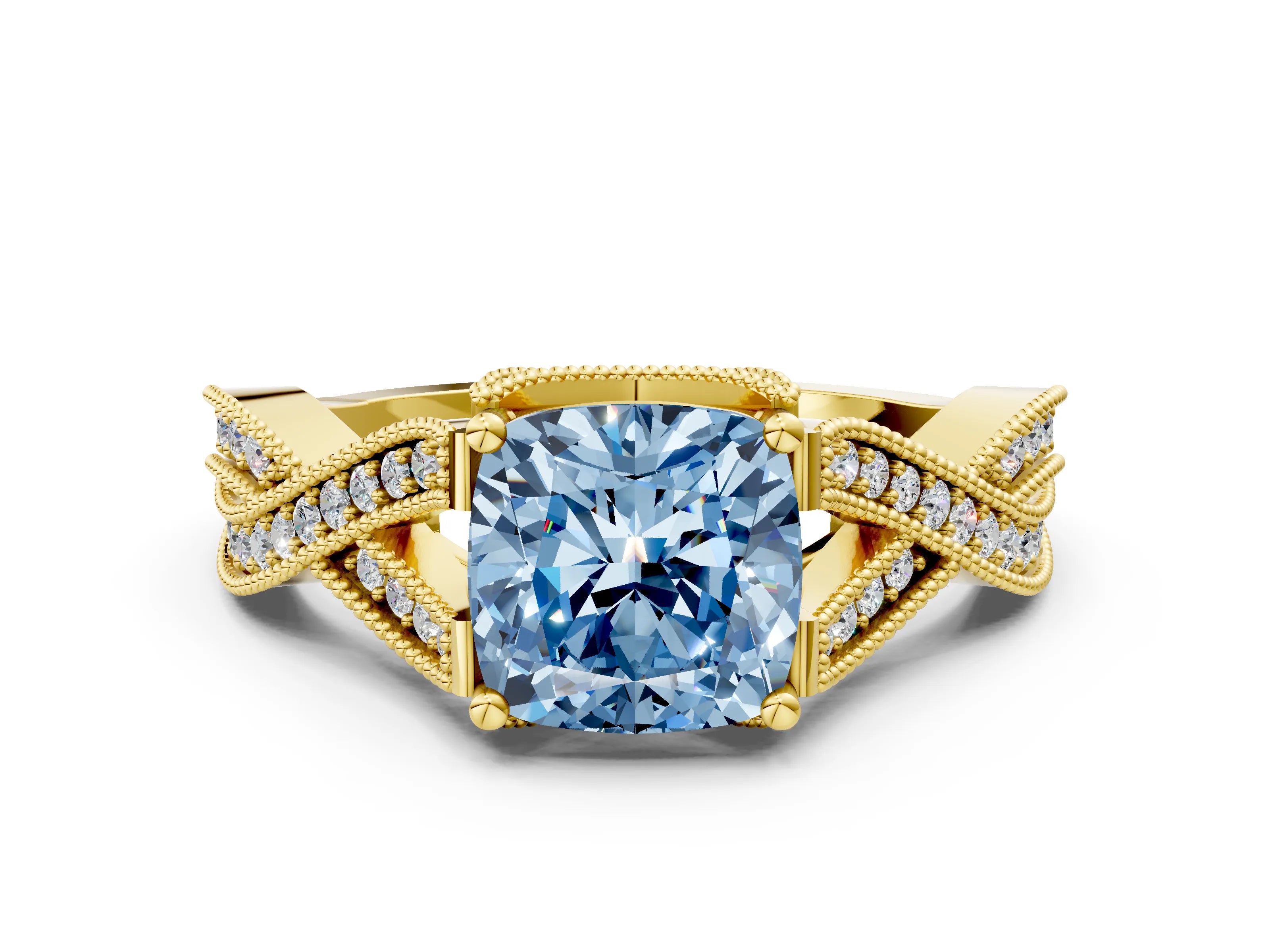 Yellow gold Fancy Blue Cushion Cut Cut Diamond Twisted Band with Milgrain Pave Setting and Four-Prong Setting