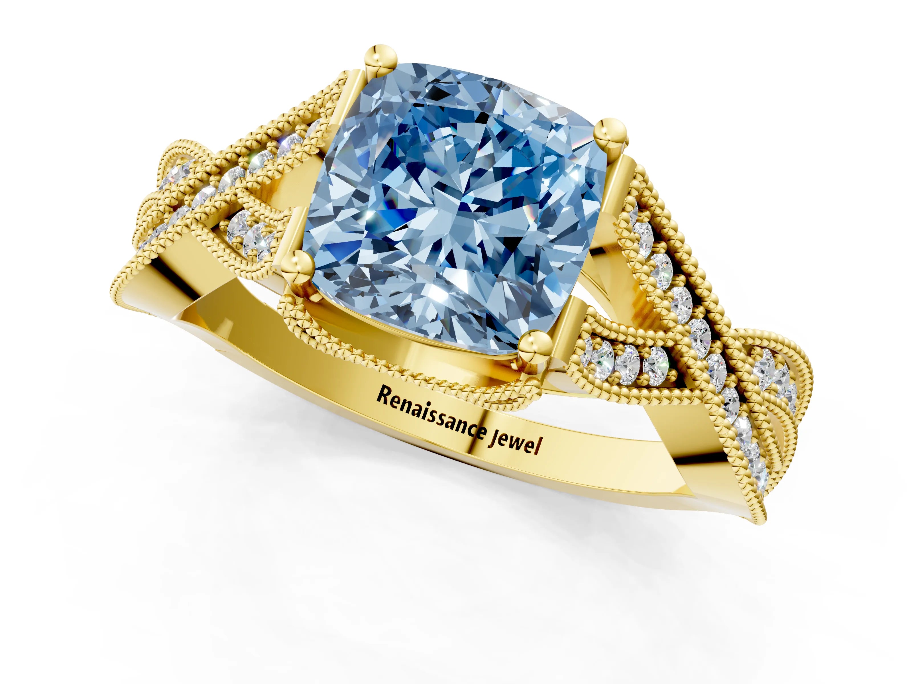 Yellow gold Fancy Blue Cushion Cut Cut Diamond Twisted Band with Milgrain Pave Setting and Four-Prong Setting_1