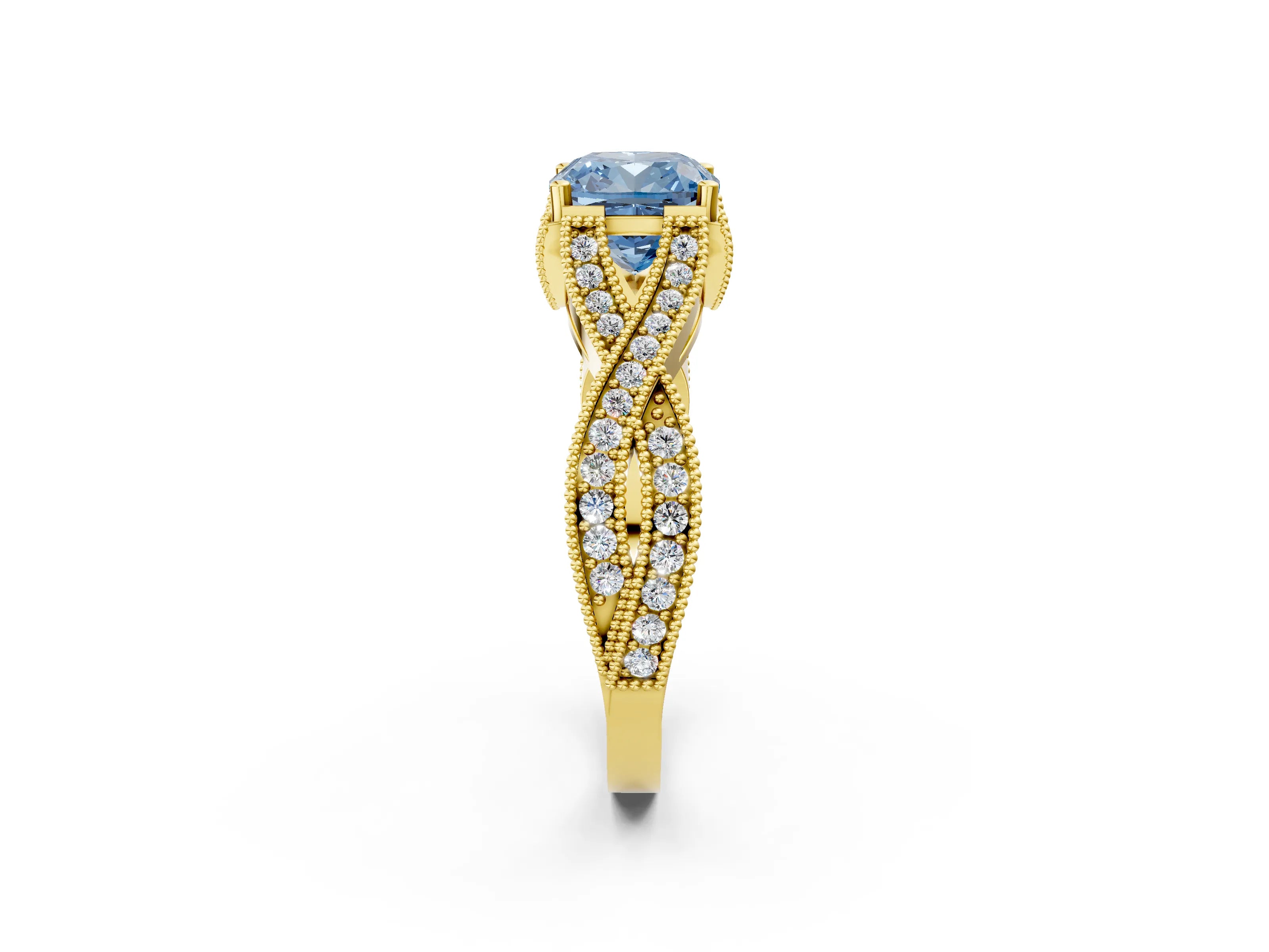 Yellow gold Fancy Blue Cushion Cut Cut Diamond Twisted Band with Milgrain Pave Setting and Four-Prong Setting_2