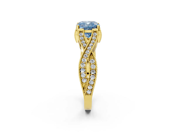 Yellow Gold Cushion Cut Graduated Pave Twist Engagement Ring Setting for Fancy Blue Center
