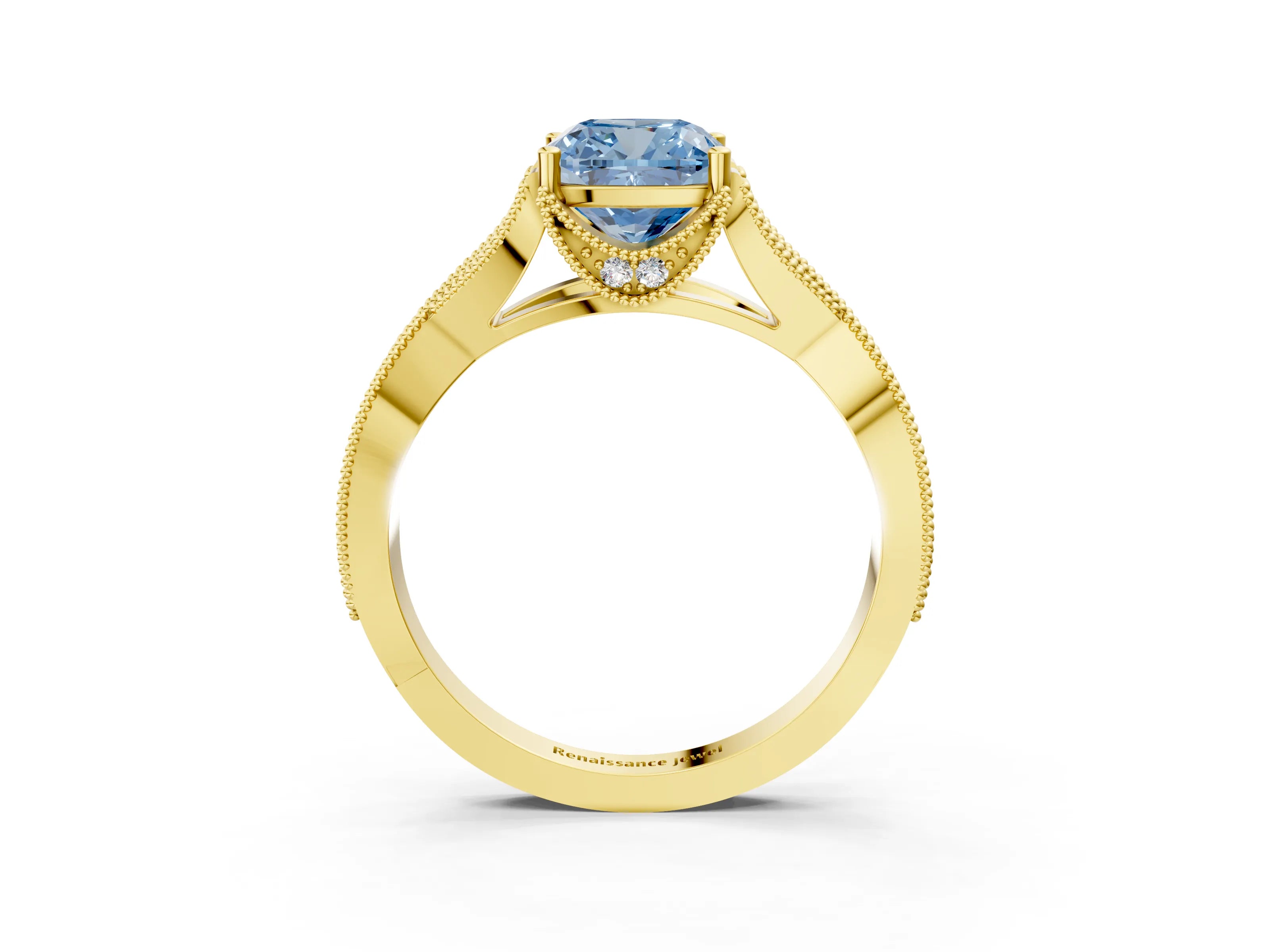 Yellow gold Fancy Blue Cushion Cut Cut Diamond Twisted Band with Milgrain Pave Setting and Four-Prong Setting_3
