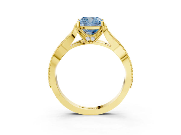 Yellow Gold Cushion Cut Graduated Pave Twist Engagement Ring Setting for Fancy Blue Center