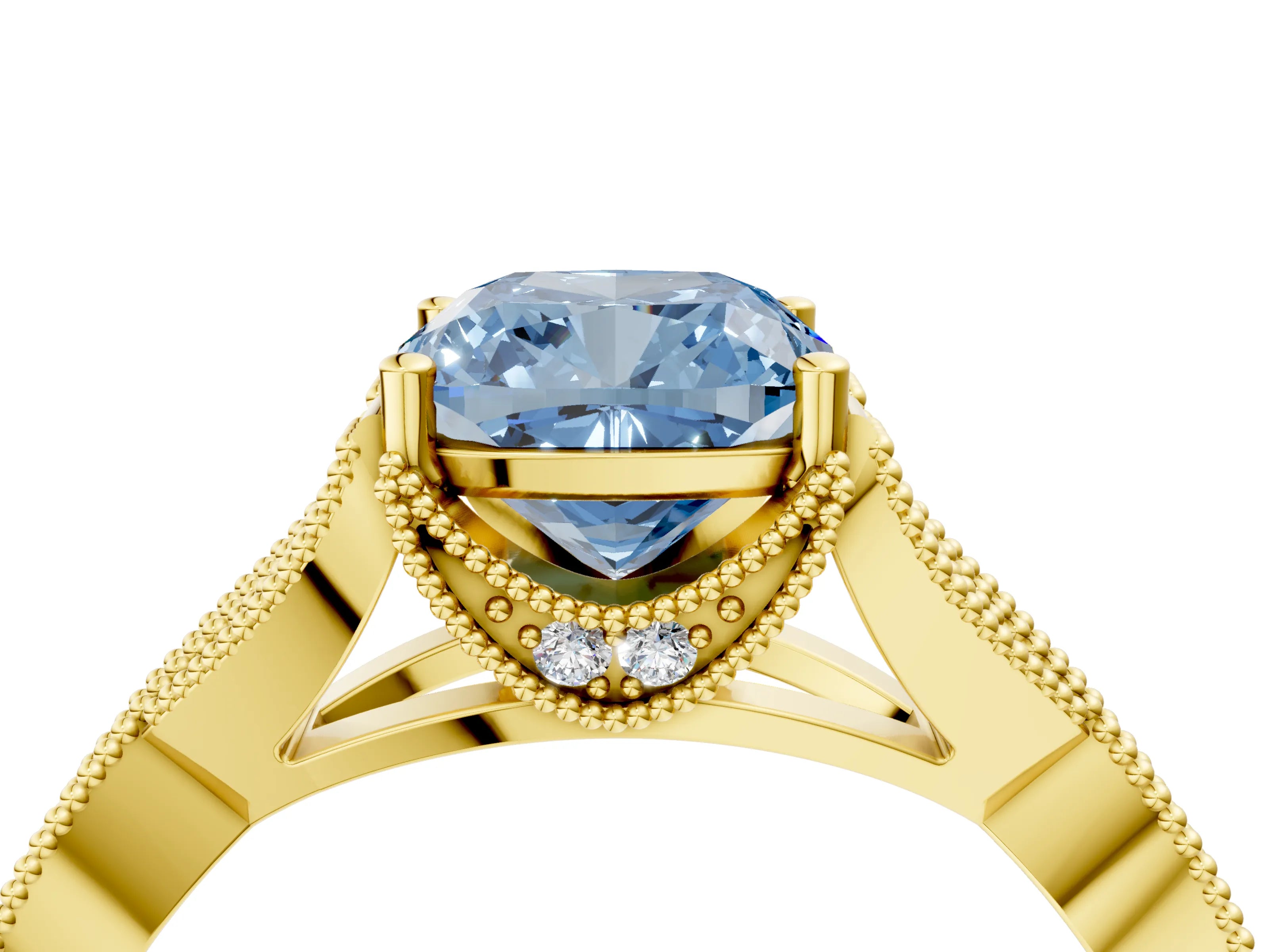 Yellow gold Fancy Blue Cushion Cut Cut Diamond Twisted Band with Milgrain Pave Setting and Four-Prong Setting_4