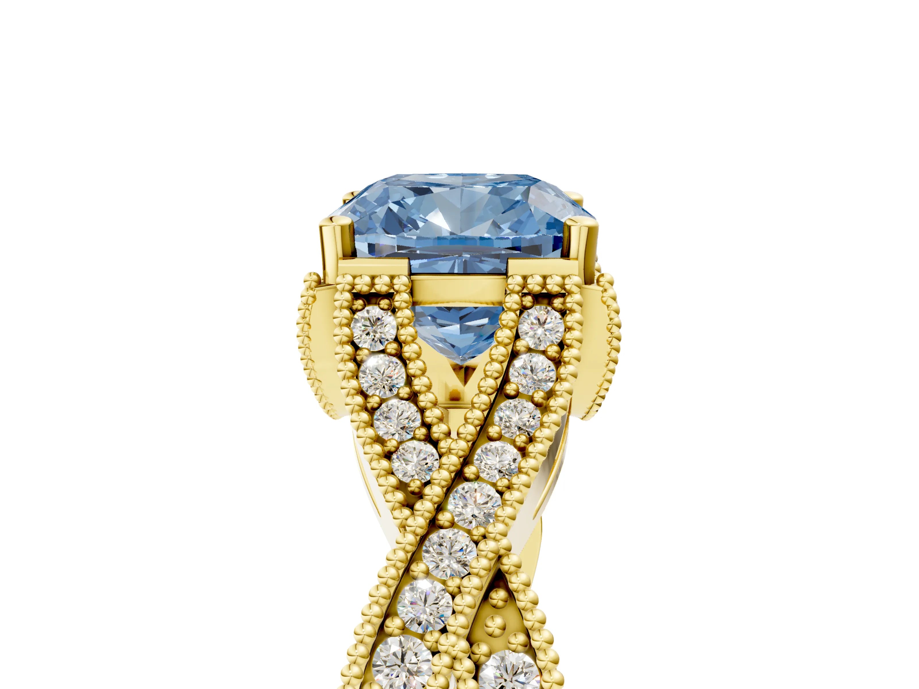Yellow gold Fancy Blue Cushion Cut Cut Diamond Twisted Band with Milgrain Pave Setting and Four-Prong Setting_5