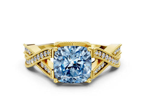Yellow gold Fancy Blue Cushion Cut Cut Diamond Twisted Band with Milgrain Pave Setting and Four-Prong Setting