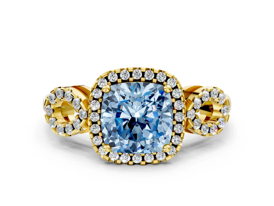 Yellow gold Fancy Blue Cushion Cut Cut Halo Diamond Infinity Band with Four-Prong Setting