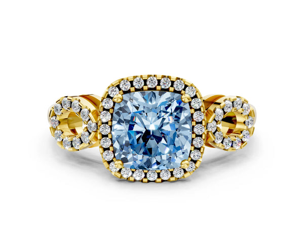 Yellow Gold Cushion Cut Pave Infinity Halo Engagement Ring Setting for Fancy Blue Center