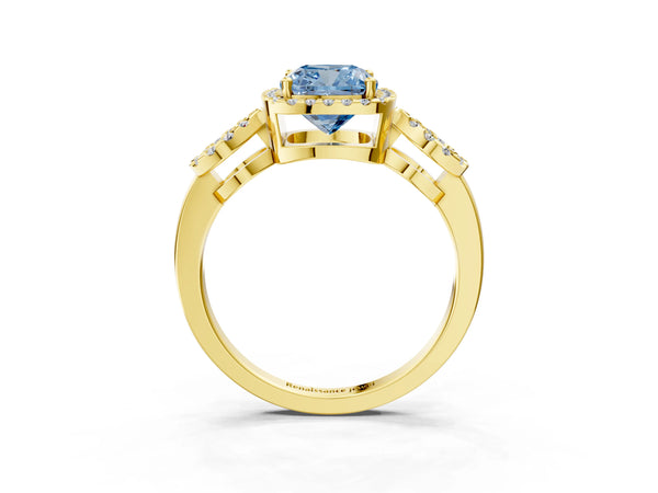 Yellow Gold Cushion Cut Pave Infinity Halo Engagement Ring Setting for Fancy Blue Center