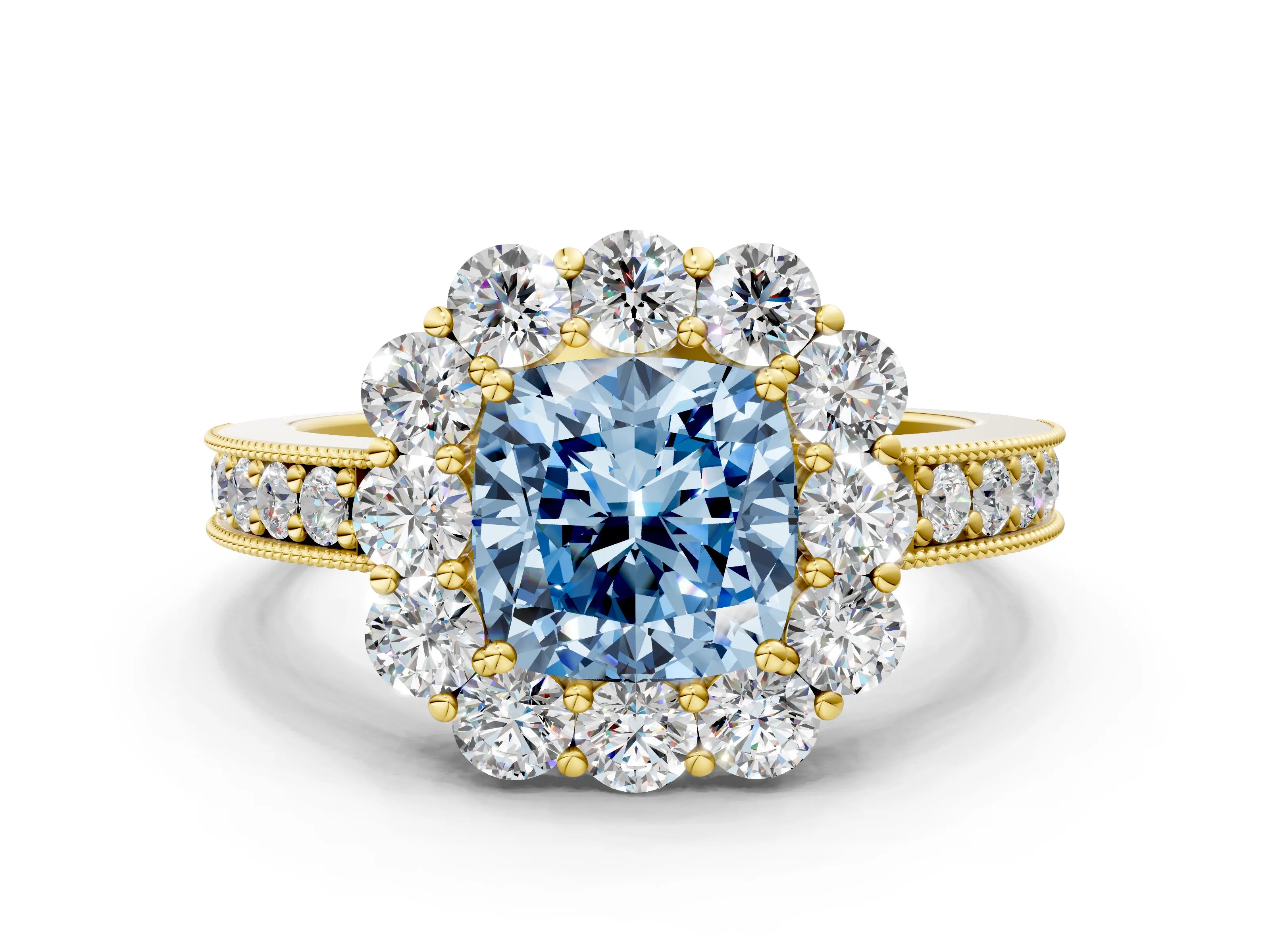 Yellow gold Fancy Blue Cushion Cut Cut Halo Diamond Pavé Engagement Ring with Milgrain Detailing