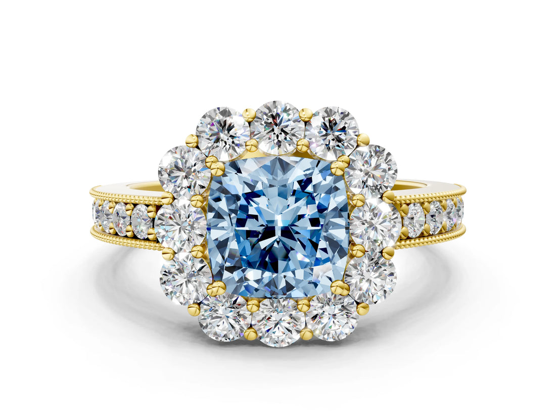 Yellow gold Fancy Blue Cushion Cut Cut Halo Diamond Pavé Engagement Ring with Milgrain Detailing