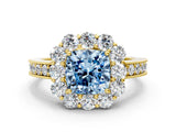 Yellow gold Fancy Blue Cushion Cut Cut Halo Diamond Pavé Engagement Ring with Milgrain Detailing