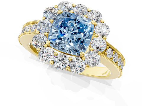 Yellow gold Fancy Blue Cushion Cut Cut Halo Diamond Pavé Engagement Ring with Milgrain Detailing_1