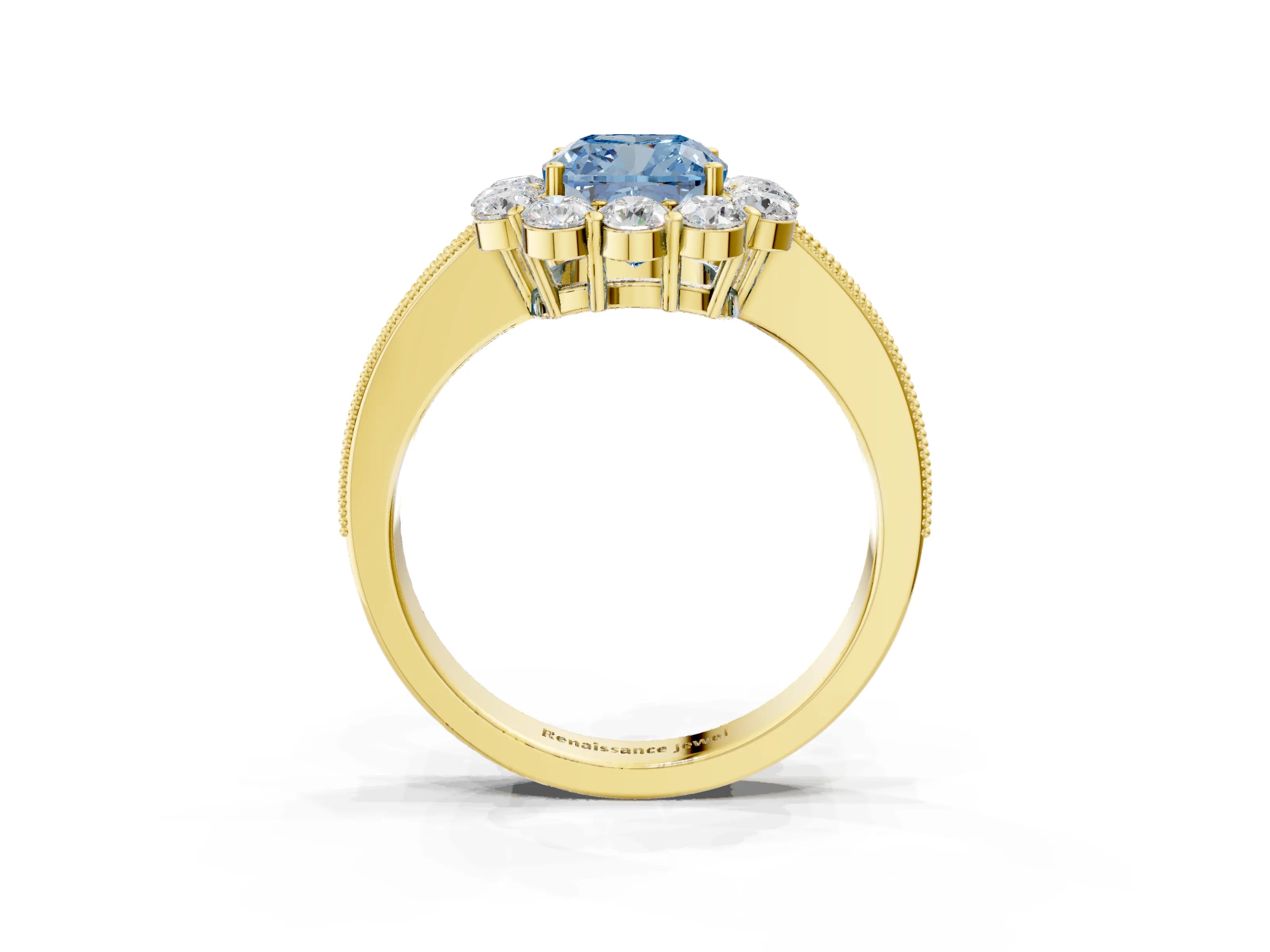 Yellow gold Fancy Blue Cushion Cut Cut Halo Diamond Pavé Engagement Ring with Milgrain Detailing_3