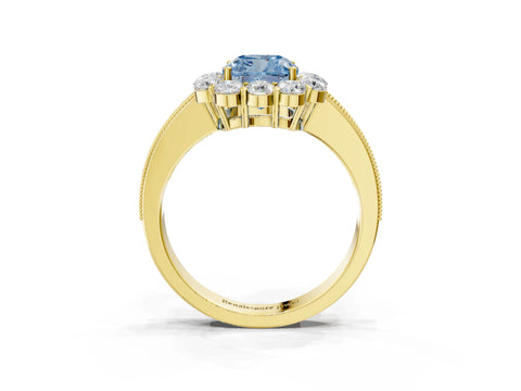 Yellow gold Fancy Blue Cushion Cut Cut Halo Diamond Pavé Engagement Ring with Milgrain Detailing_3