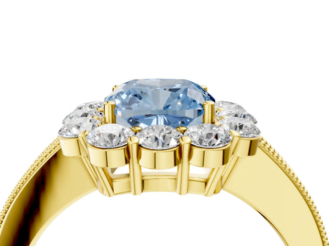 Yellow gold Fancy Blue Cushion Cut Cut Halo Diamond Pavé Engagement Ring with Milgrain Detailing_4