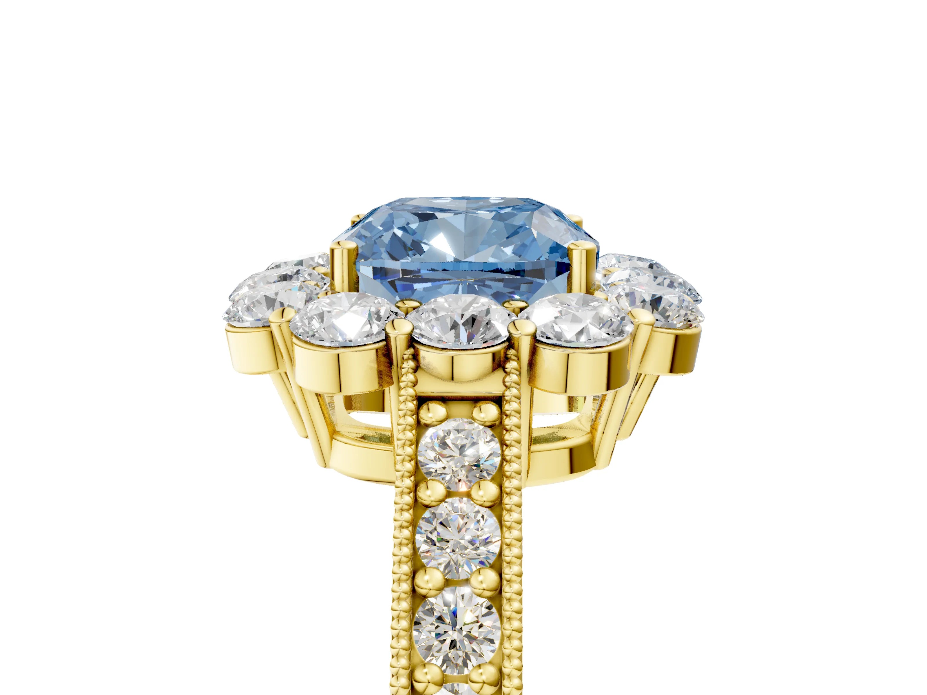 Yellow gold Fancy Blue Cushion Cut Cut Halo Diamond Pavé Engagement Ring with Milgrain Detailing_5