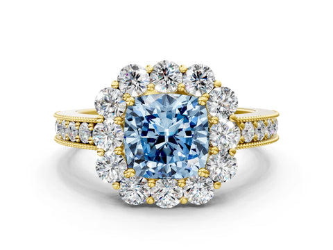 Yellow gold Fancy Blue Cushion Cut Cut Halo Diamond Pavé Engagement Ring with Milgrain Detailing