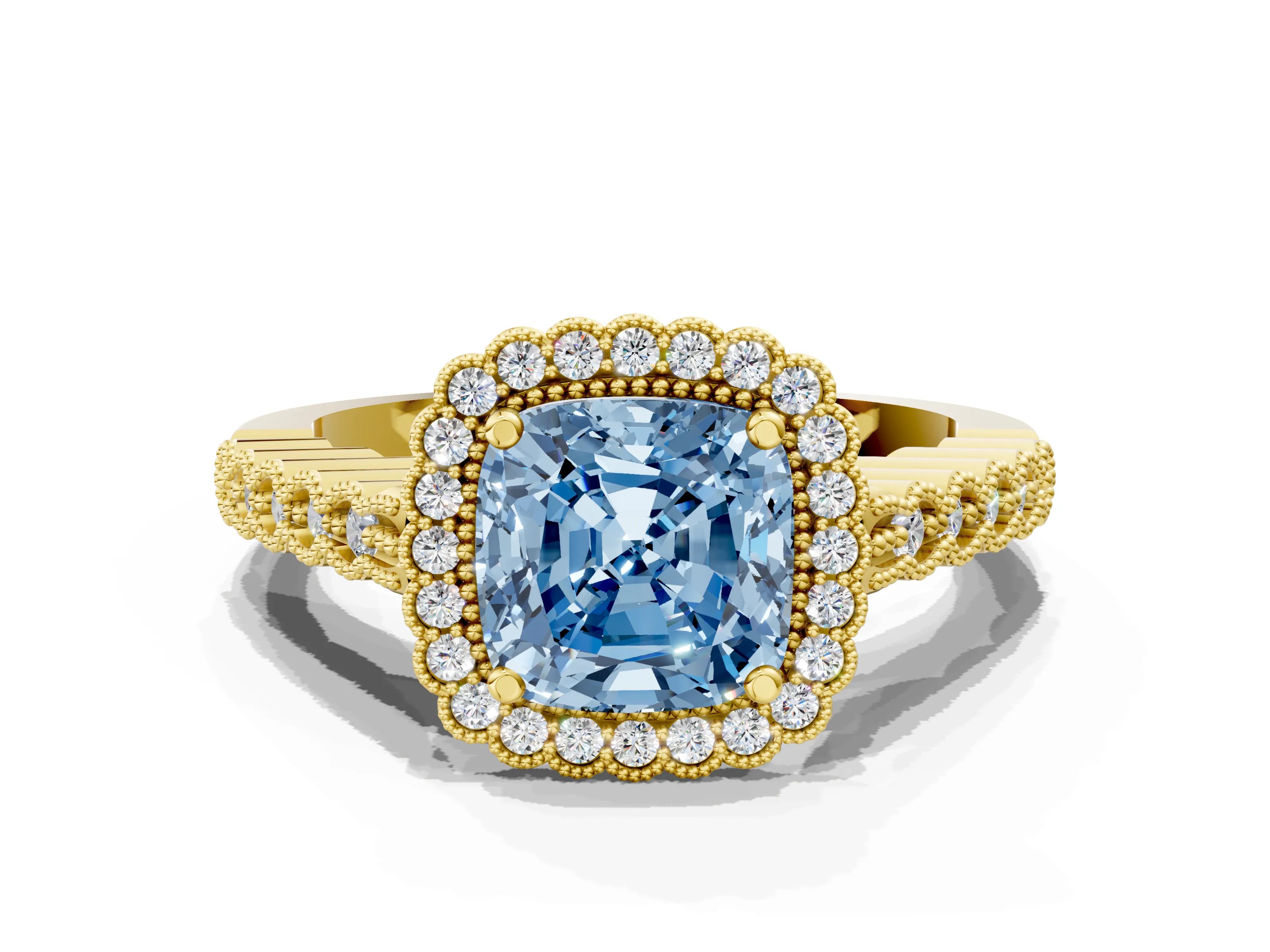 Yellow gold Fancy Blue Cushion Cut Cut Halo Pavé Solitaire Ring with Milgrain Band