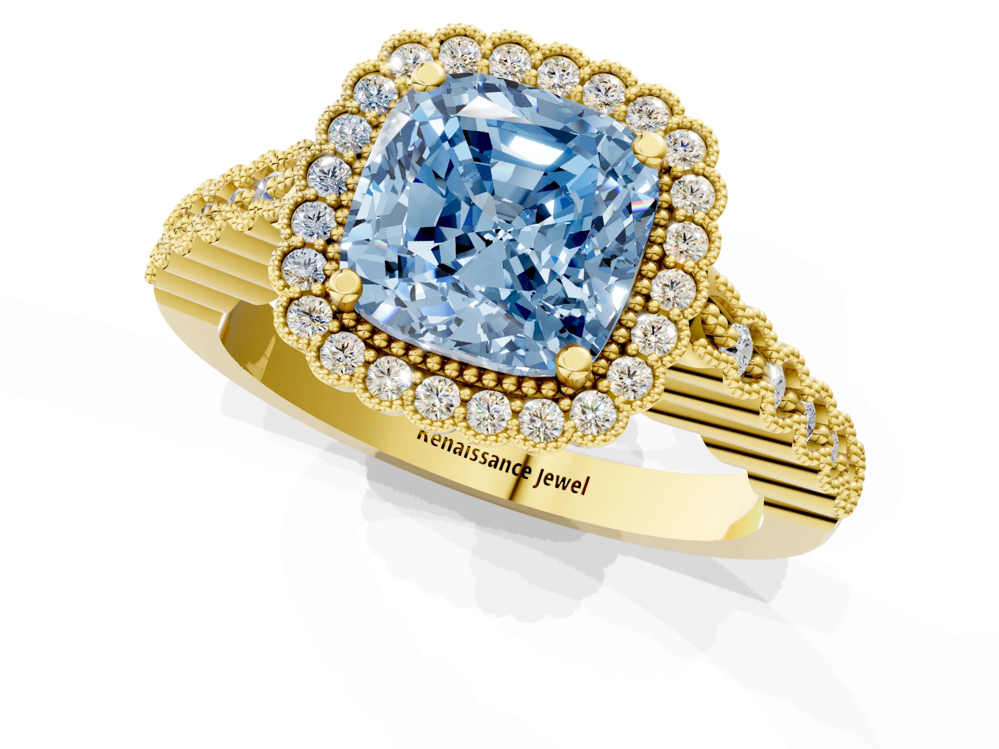 Yellow gold Fancy Blue Cushion Cut Cut Halo Pavé Solitaire Ring with Milgrain Band_1