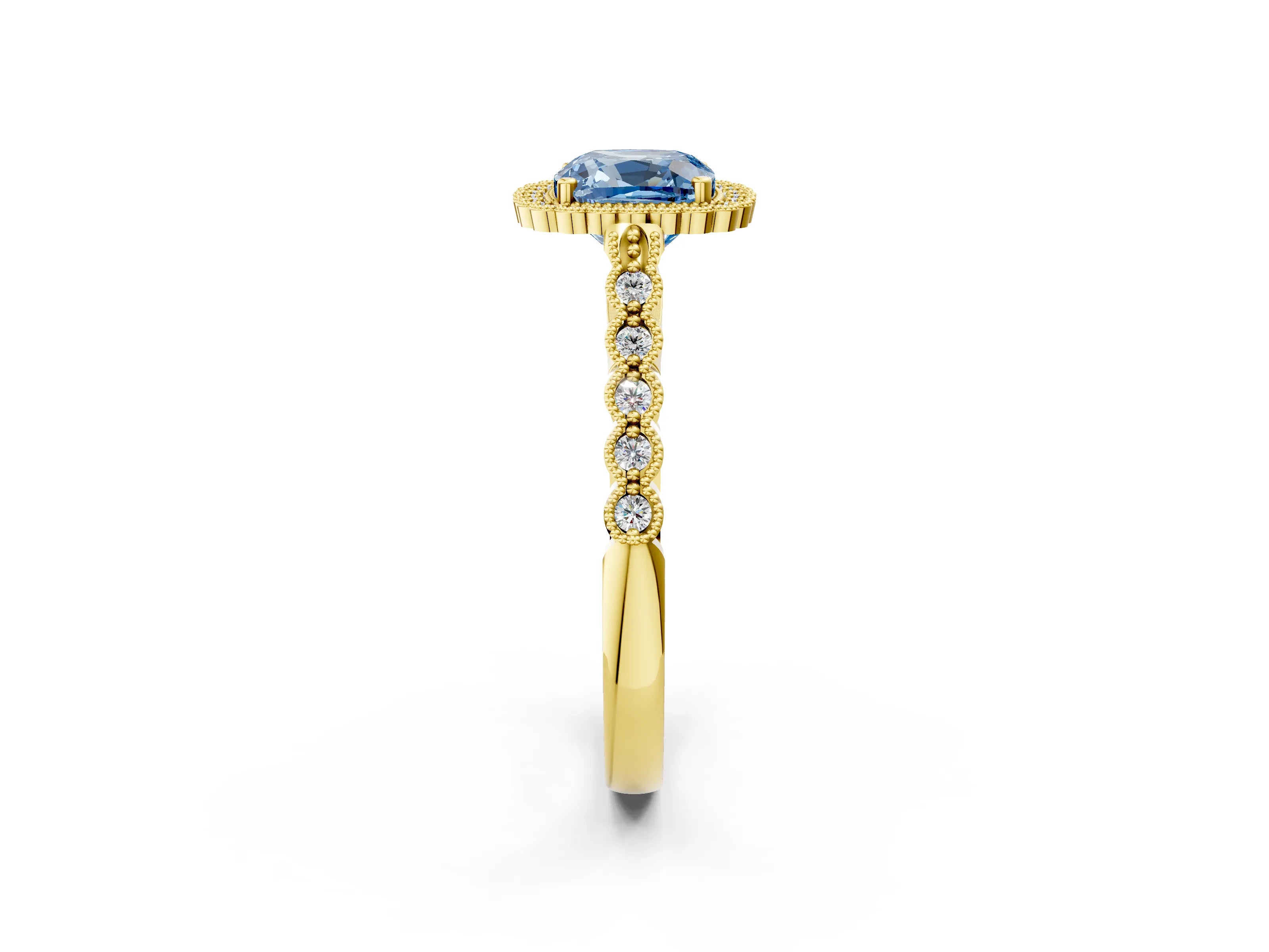 Yellow gold Fancy Blue Cushion Cut Cut Halo Pavé Solitaire Ring with Milgrain Band_2