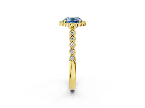 Yellow gold Fancy Blue Cushion Cut Cut Halo Pavé Solitaire Ring with Milgrain Band_2
