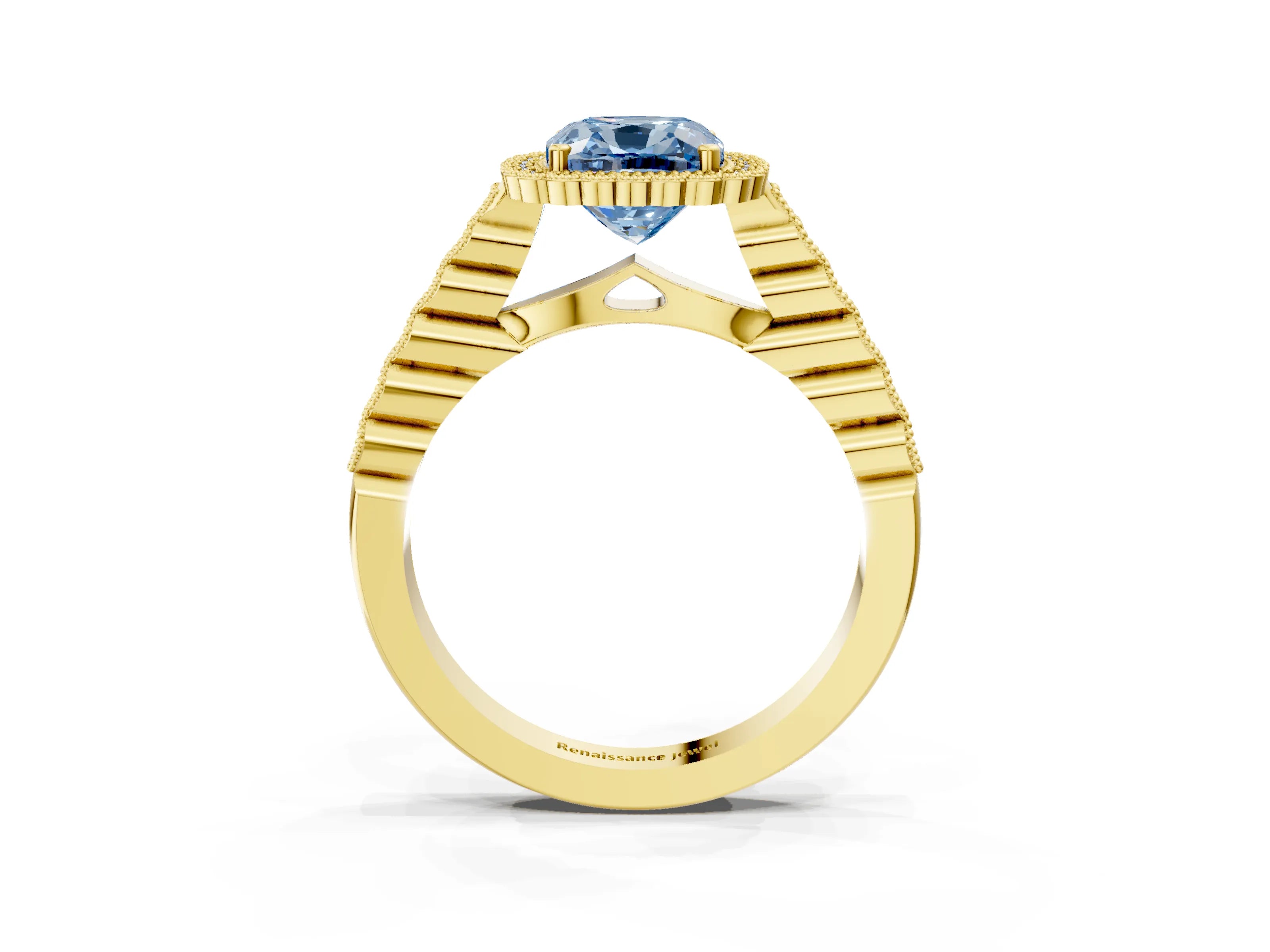Yellow gold Fancy Blue Cushion Cut Cut Halo Pavé Solitaire Ring with Milgrain Band_3