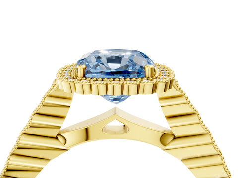 Yellow gold Fancy Blue Cushion Cut Cut Halo Pavé Solitaire Ring with Milgrain Band_4