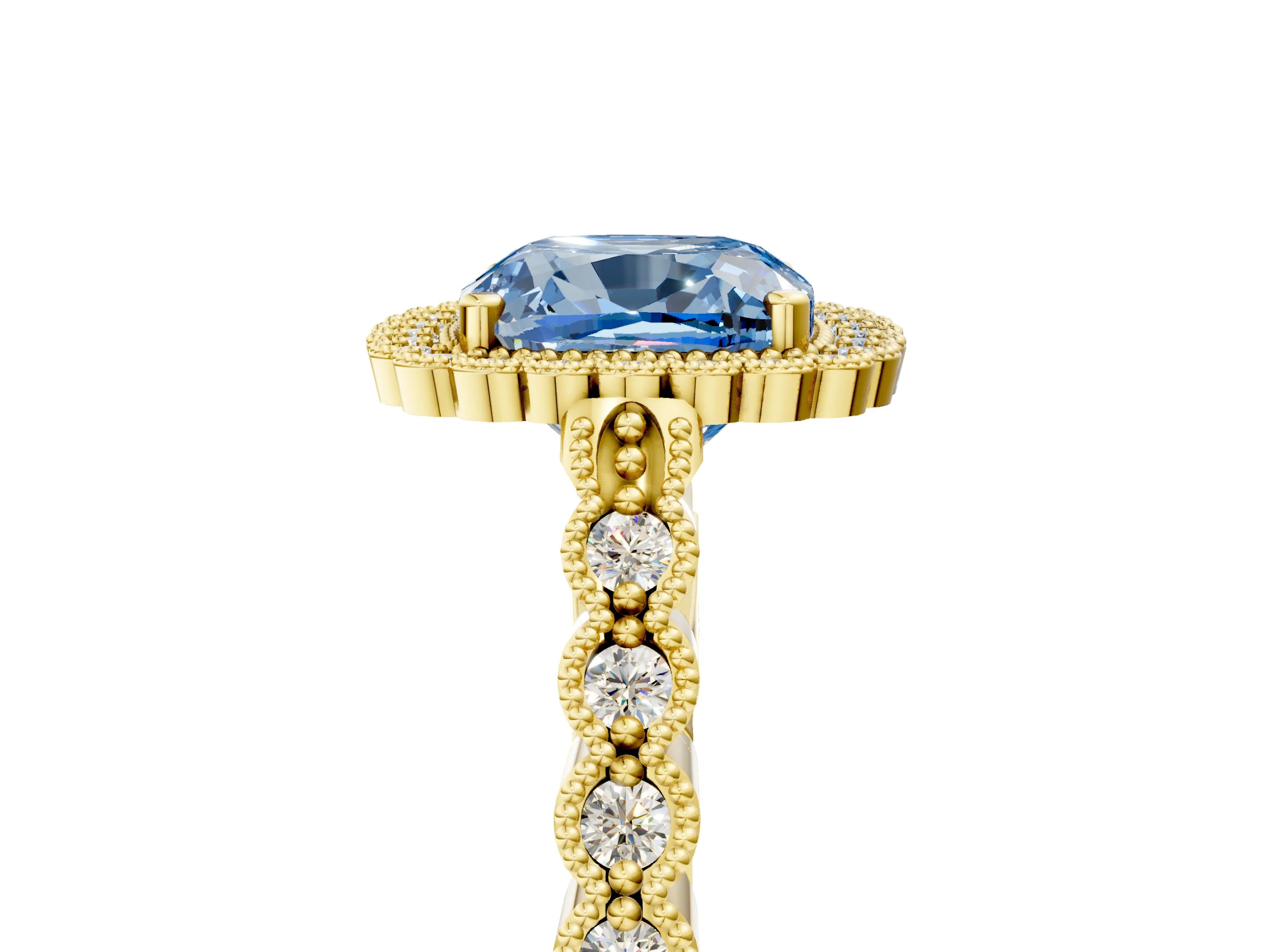 Yellow gold Fancy Blue Cushion Cut Cut Halo Pavé Solitaire Ring with Milgrain Band_5