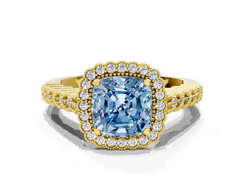 Yellow gold Fancy Blue Cushion Cut Cut Halo Pavé Solitaire Ring with Milgrain Band