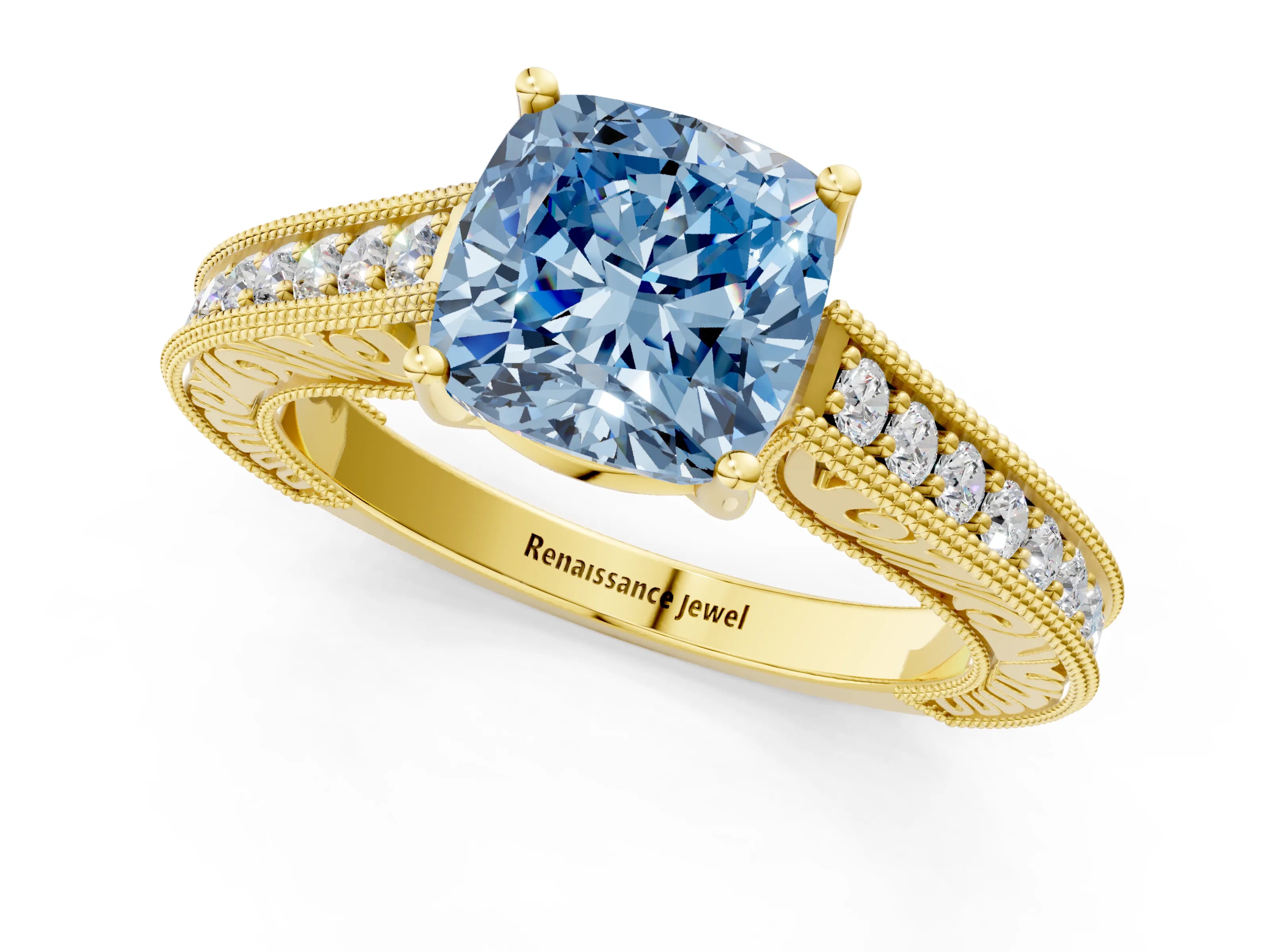 Yellow gold Fancy Blue Cushion Cut Cut Pave Band Milgrain Solitaire Ring_1