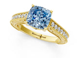 Yellow gold Fancy Blue Cushion Cut Cut Pave Band Milgrain Solitaire Ring_1