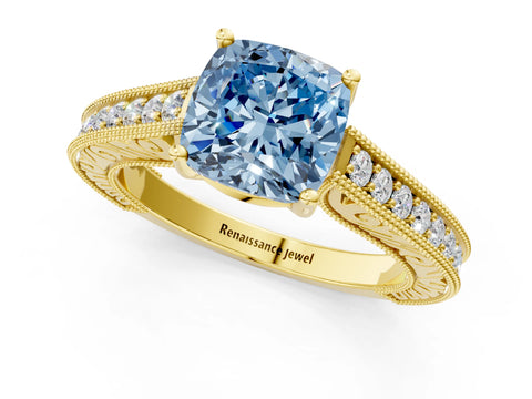 Yellow gold Fancy Blue Cushion Cut Cut Pave Band Milgrain Solitaire Ring_1