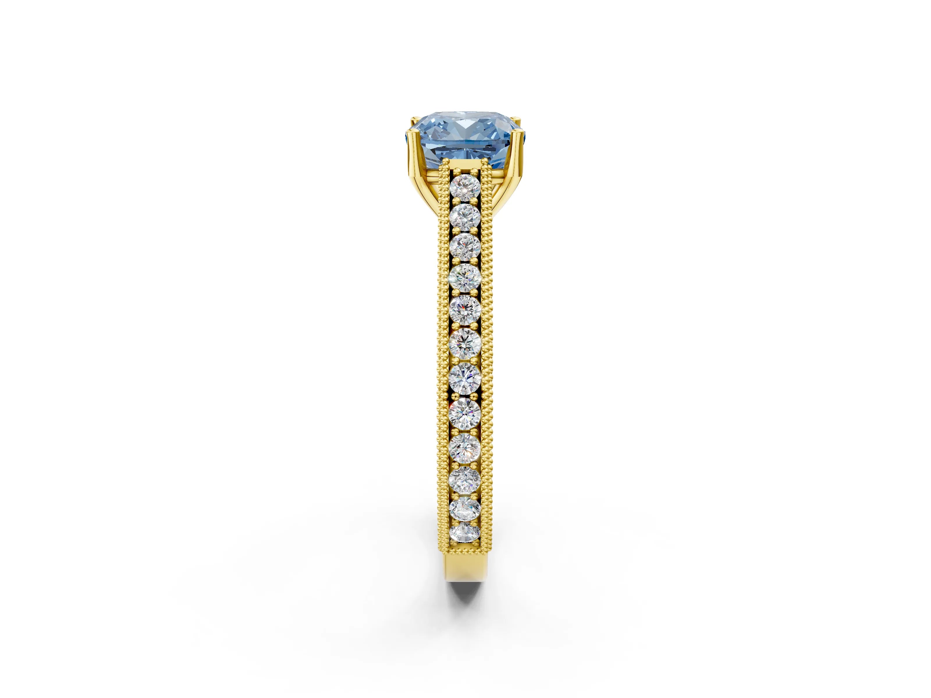 Yellow gold Fancy Blue Cushion Cut Cut Pave Band Milgrain Solitaire Ring_2