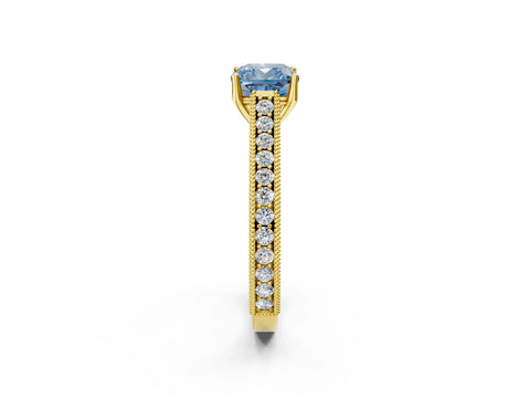 Yellow gold Fancy Blue Cushion Cut Cut Pave Band Milgrain Solitaire Ring_2