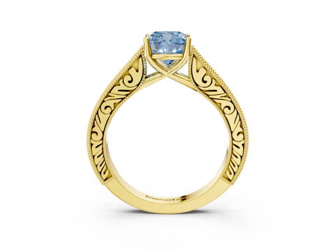 Yellow gold Fancy Blue Cushion Cut Cut Pave Band Milgrain Solitaire Ring_3