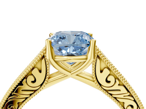 Yellow gold Fancy Blue Cushion Cut Cut Pave Band Milgrain Solitaire Ring_4