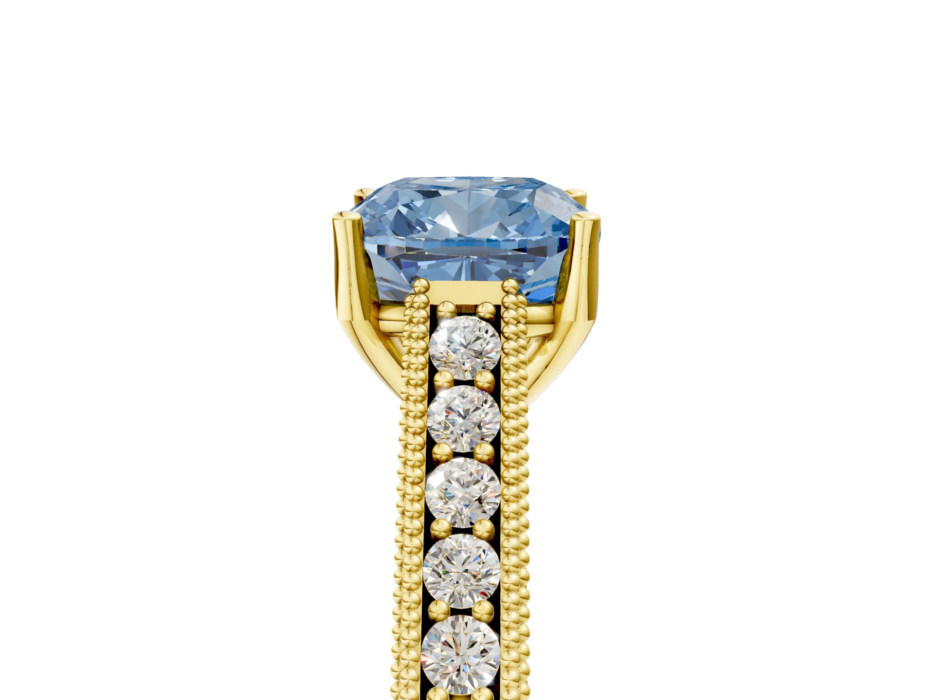 Yellow gold Fancy Blue Cushion Cut Cut Pave Band Milgrain Solitaire Ring_5